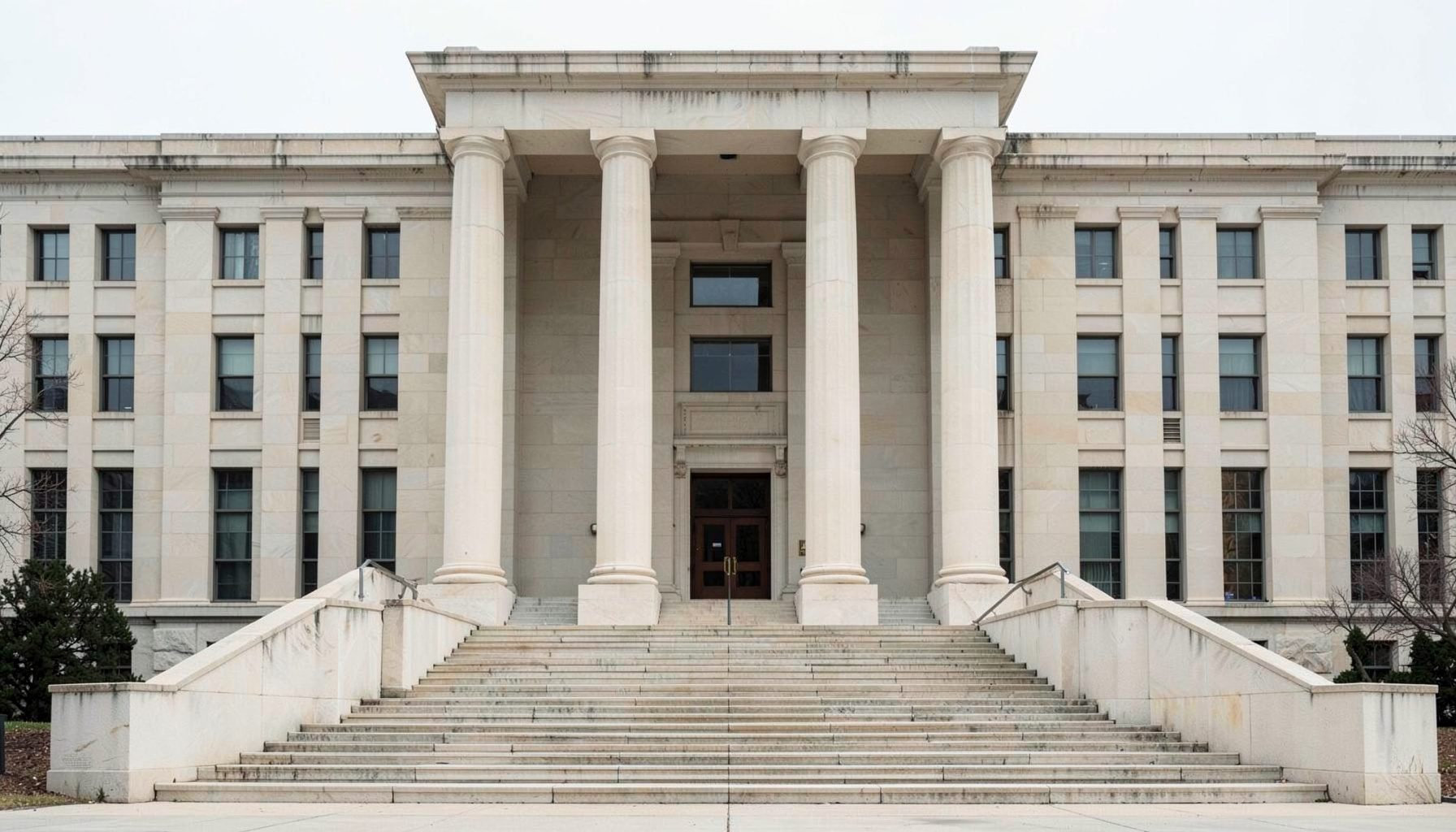 Symmetrical view of a stone-faced federal courthouse facade with tall columns and a wide staircase, photographed in soft daylight, in muted gray and cream tones.